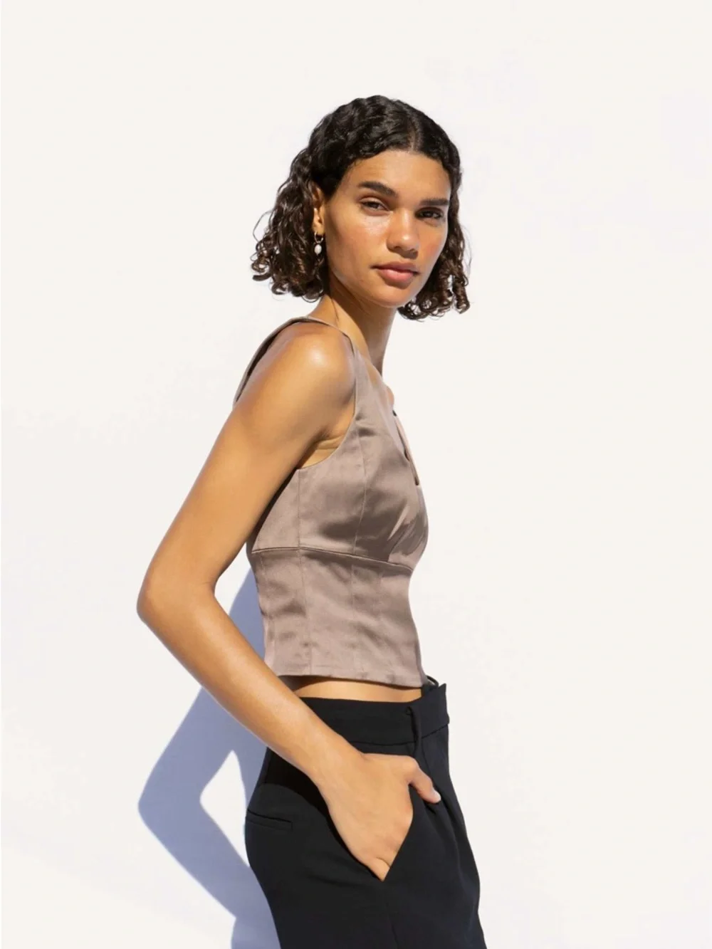Aritzia Wilfred Bronze Shine Bustier Cropped Satin Like Top ($88) - Picture 3 of 13